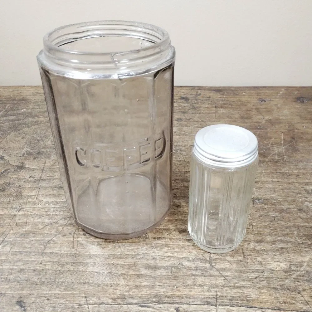 Vintage Hoosier Cabinet Clear Glass Panel Design COFFEE Embossed Jar Spice Lid